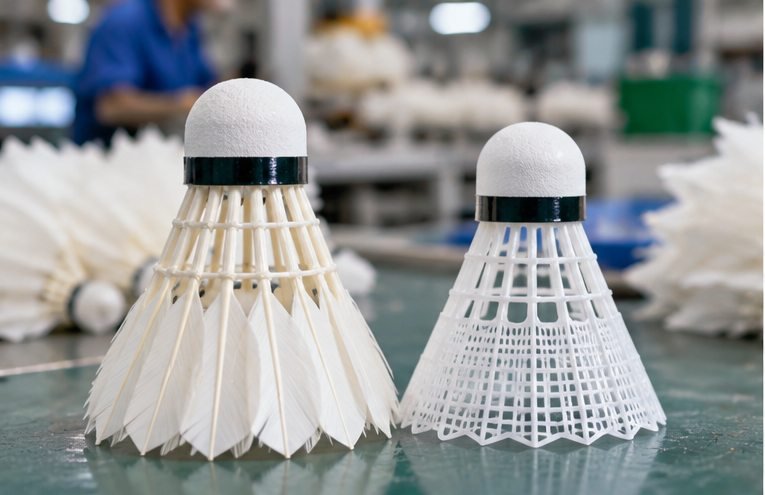 Natural feather vs nylon shuttlecocks comparison in badminton factory